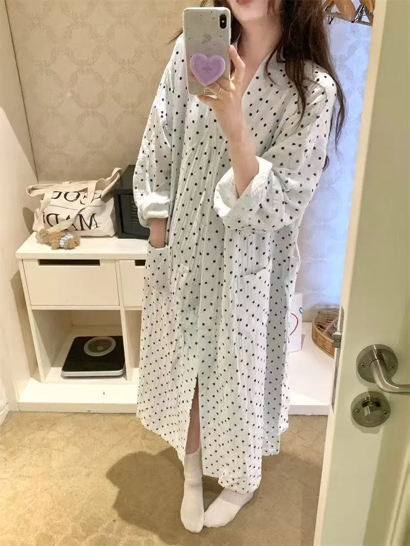 Lazy Style Vintage Polka Dot Print Robe Sleep Dress Pajamas Women's Spring Autumn Long Sleeve · Wholesale · OEM · Worldwide Shipping - Detail 11