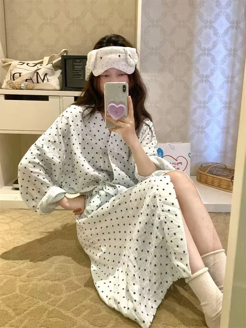 Lazy Style Vintage Polka Dot Print Robe Sleep Dress Pajamas Women's Spring Autumn Long Sleeve · Wholesale · OEM · Worldwide Shipping - Detail 12