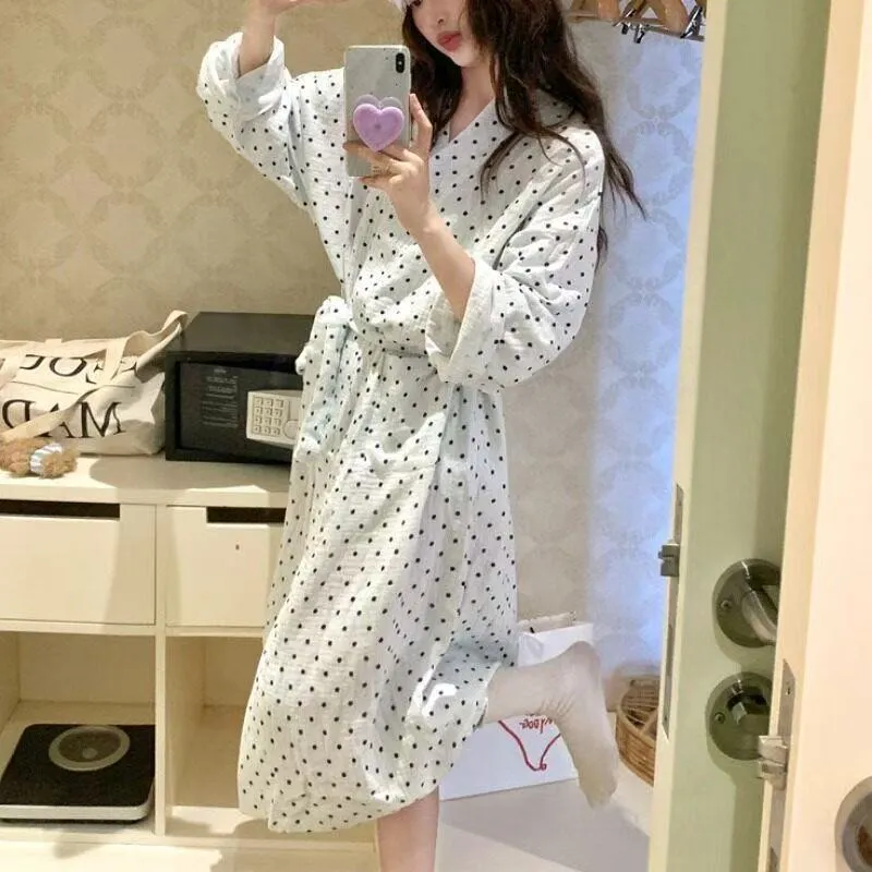 Lazy Style Vintage Polka Dot Print Robe Sleep Dress Pajamas Women's Spring Autumn Long Sleeve · Wholesale · OEM · Worldwide Shipping - Detail 4