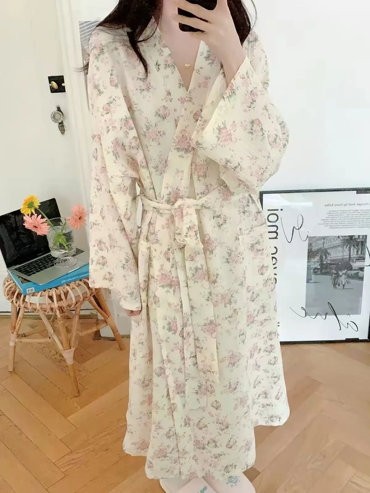 New Fresh Design Floral Nightgown Women, Summer Long Tie-Waist Loose Bathrobe · Wholesale · OEM · Worldwide Shipping - Detail 5