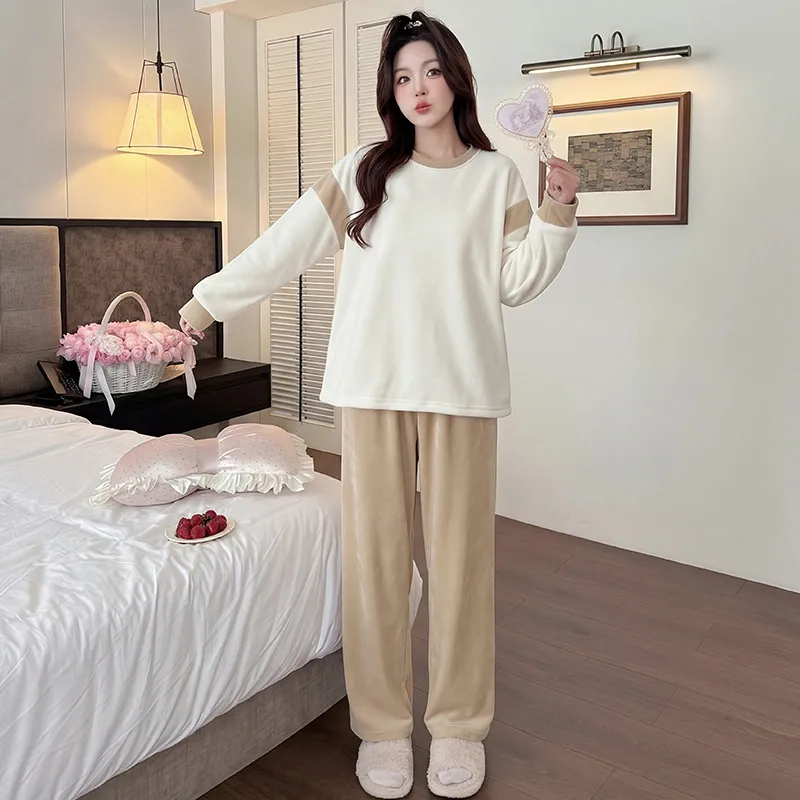 3783H# 겨울 신상품 두꺼운 아일랜드 플리스 파자마 여성 달콤한 긴팔 캐주얼 홈웨어 세트 280g · 도매 · OEM · 전 세계 배송 - View 3