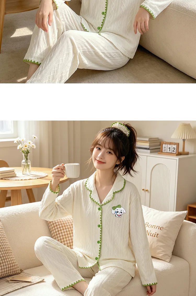Set Piyama Rumahan Lucu Bergaya Korea Bergambar Anjing Kartun Bordir Bulan Sabit Jacquard Mirip Katun Yuanxing 3823 yang Nyaman di Kulit · Grosir · OEM · Pengiriman Global - Detail 10