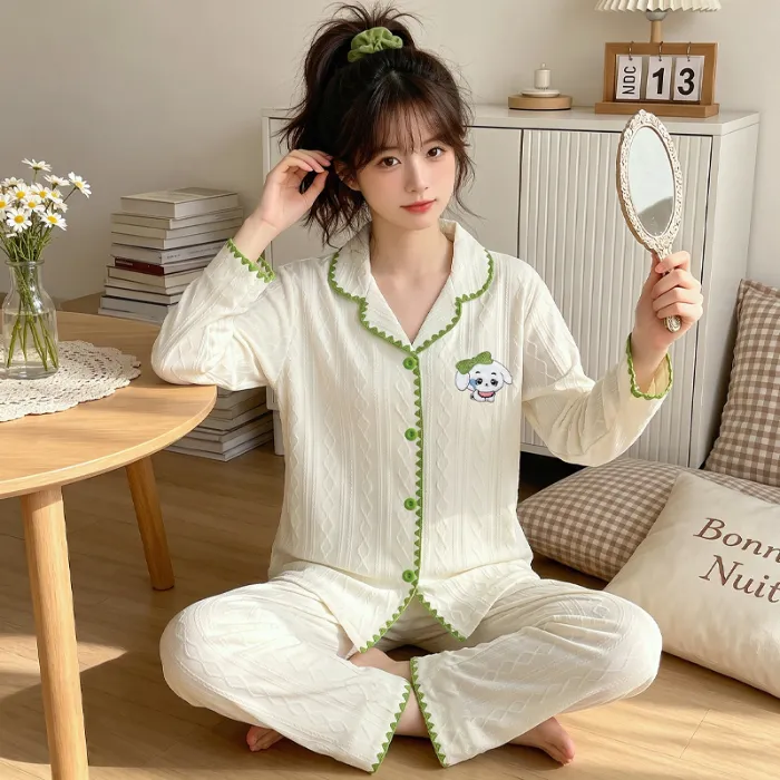 Set Piyama Rumahan Lucu Bergaya Korea Bergambar Anjing Kartun Bordir Bulan Sabit Jacquard Mirip Katun Yuanxing 3823 yang Nyaman di Kulit · Grosir · OEM · Pengiriman Global - Detail 1