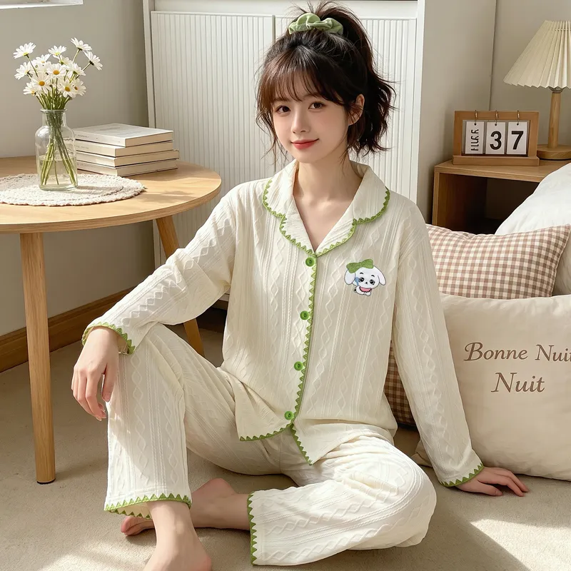 Set Piyama Rumahan Lucu Bergaya Korea Bergambar Anjing Kartun Bordir Bulan Sabit Jacquard Mirip Katun Yuanxing 3823 yang Nyaman di Kulit · Grosir · OEM · Pengiriman Global - View 1