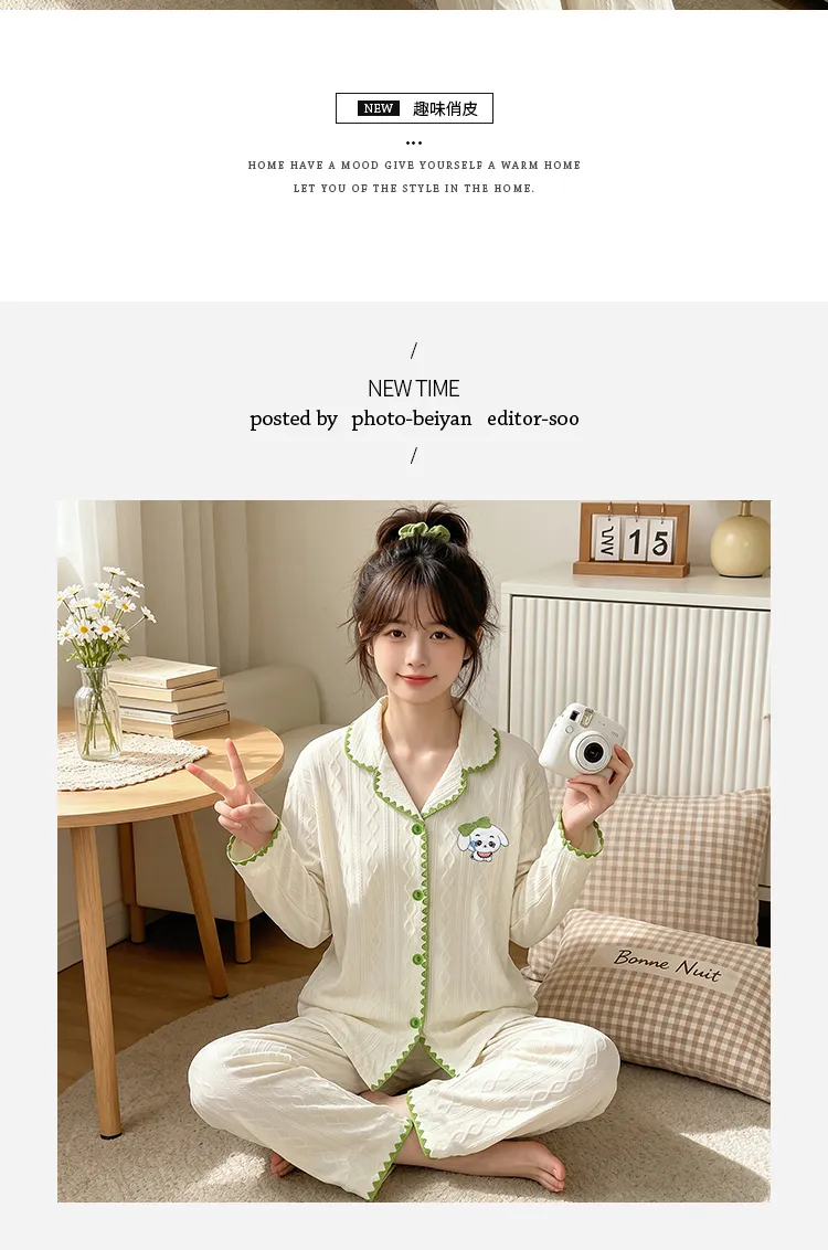 Set Piyama Rumahan Lucu Bergaya Korea Bergambar Anjing Kartun Bordir Bulan Sabit Jacquard Mirip Katun Yuanxing 3823 yang Nyaman di Kulit · Grosir · OEM · Pengiriman Global - Detail 5