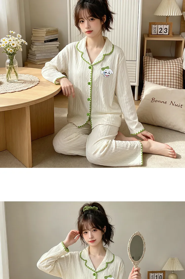 Set Piyama Rumahan Lucu Bergaya Korea Bergambar Anjing Kartun Bordir Bulan Sabit Jacquard Mirip Katun Yuanxing 3823 yang Nyaman di Kulit · Grosir · OEM · Pengiriman Global - Detail 8