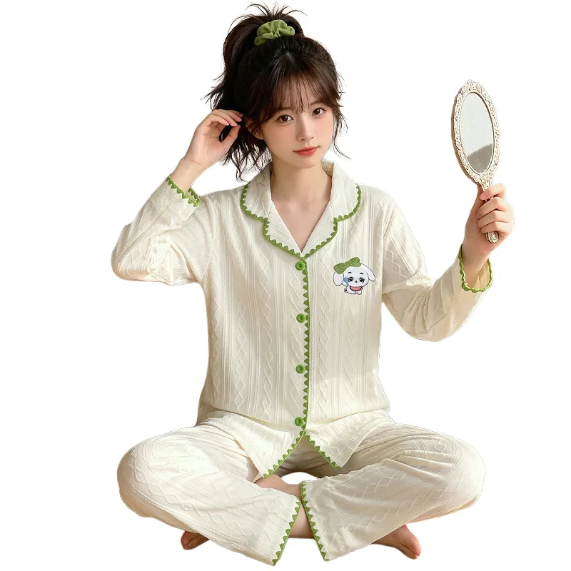 Set Piyama Rumahan Lucu Bergaya Korea Bergambar Anjing Kartun Bordir Bulan Sabit Jacquard Mirip Katun Yuanxing 3823 yang Nyaman di Kulit · Grosir · OEM · Pengiriman Global - View 4