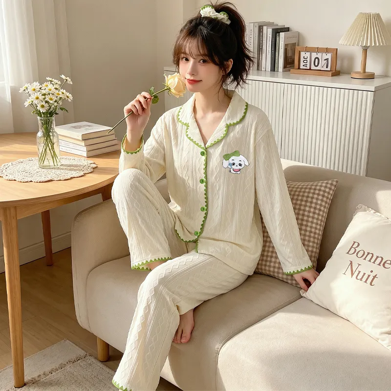Set Piyama Rumahan Lucu Bergaya Korea Bergambar Anjing Kartun Bordir Bulan Sabit Jacquard Mirip Katun Yuanxing 3823 yang Nyaman di Kulit · Grosir · OEM · Pengiriman Global - View 2
