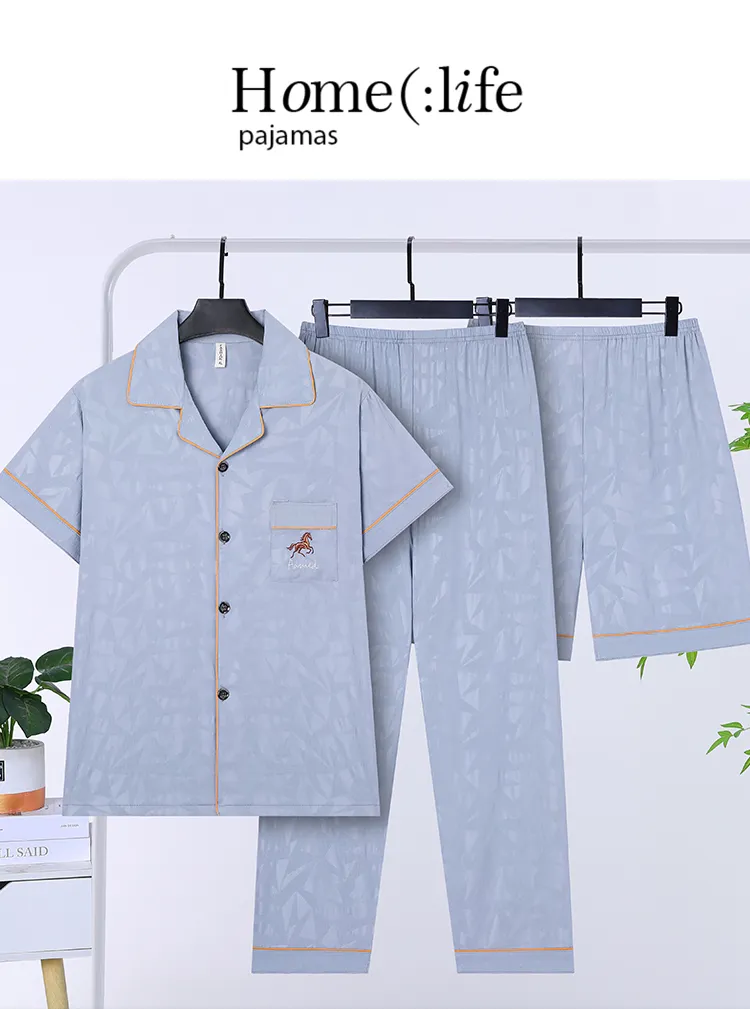 Men's Summer Thin Jacquard Lapel 3-Piece Loungewear Set, Cloud Cotton Breathable Comfortable Cardigan Pajamas · Wholesale · OEM · Worldwide Shipping - Detail 8