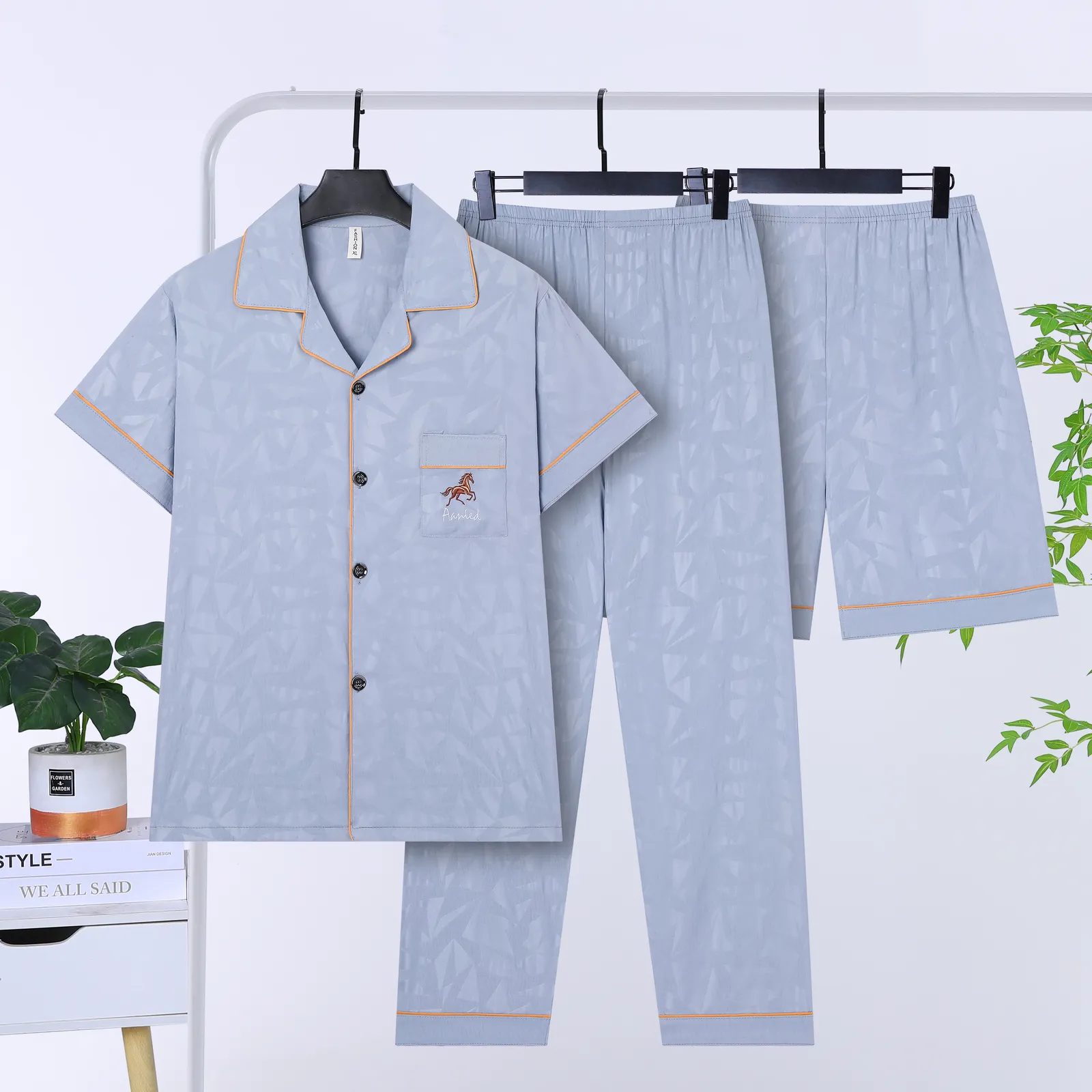 Men's Summer Thin Jacquard Lapel 3-Piece Loungewear Set, Cloud Cotton Breathable Comfortable Cardigan Pajamas · Wholesale · OEM · Worldwide Shipping - View 1