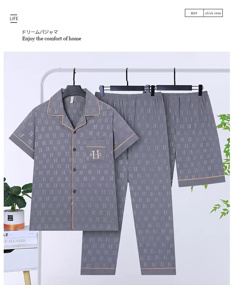 Men's Summer Thin Jacquard Lapel 3-Piece Loungewear Set, Cloud Cotton Breathable Comfortable Cardigan Pajamas · Wholesale · OEM · Worldwide Shipping - Detail 2