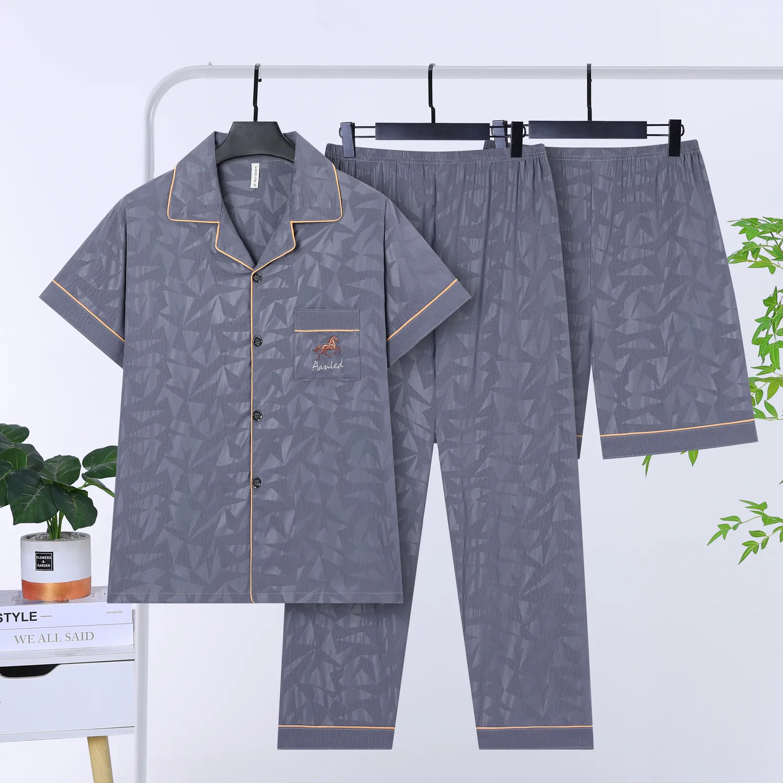 Men's Summer Thin Jacquard Lapel 3-Piece Loungewear Set, Cloud Cotton Breathable Comfortable Cardigan Pajamas · Wholesale · OEM · Worldwide Shipping - View 3