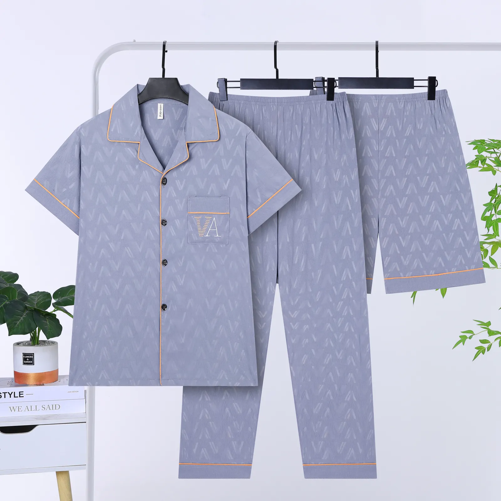 Men's Summer Thin Jacquard Lapel 3-Piece Loungewear Set, Cloud Cotton Breathable Comfortable Cardigan Pajamas · Wholesale · OEM · Worldwide Shipping - View 2