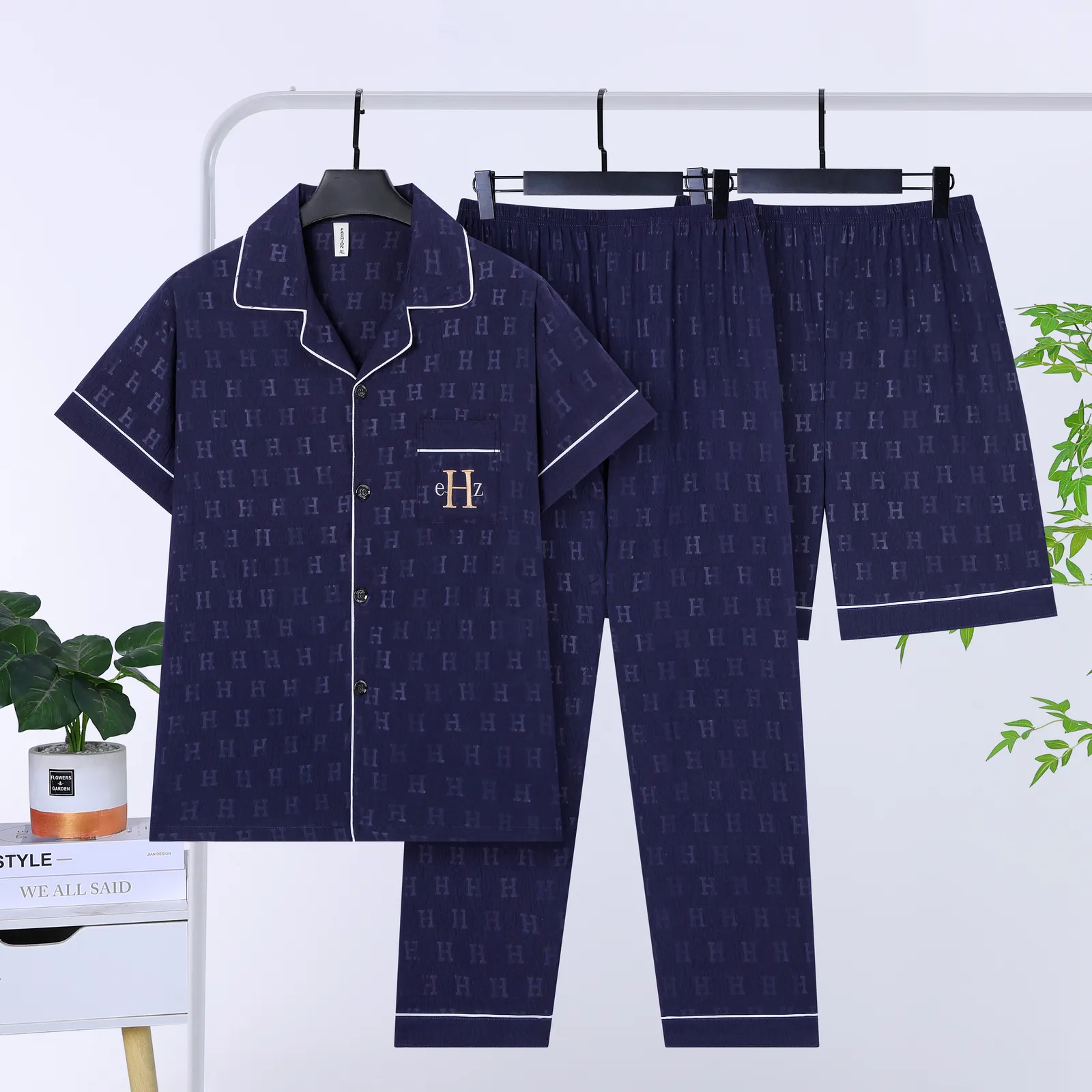 Men's Summer Thin Jacquard Lapel 3-Piece Loungewear Set, Cloud Cotton Breathable Comfortable Cardigan Pajamas · Wholesale · OEM · Worldwide Shipping - View 4