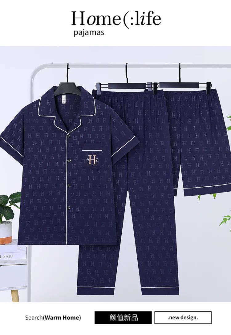 Men's Summer Thin Jacquard Lapel 3-Piece Loungewear Set, Cloud Cotton Breathable Comfortable Cardigan Pajamas · Wholesale · OEM · Worldwide Shipping - Detail 21