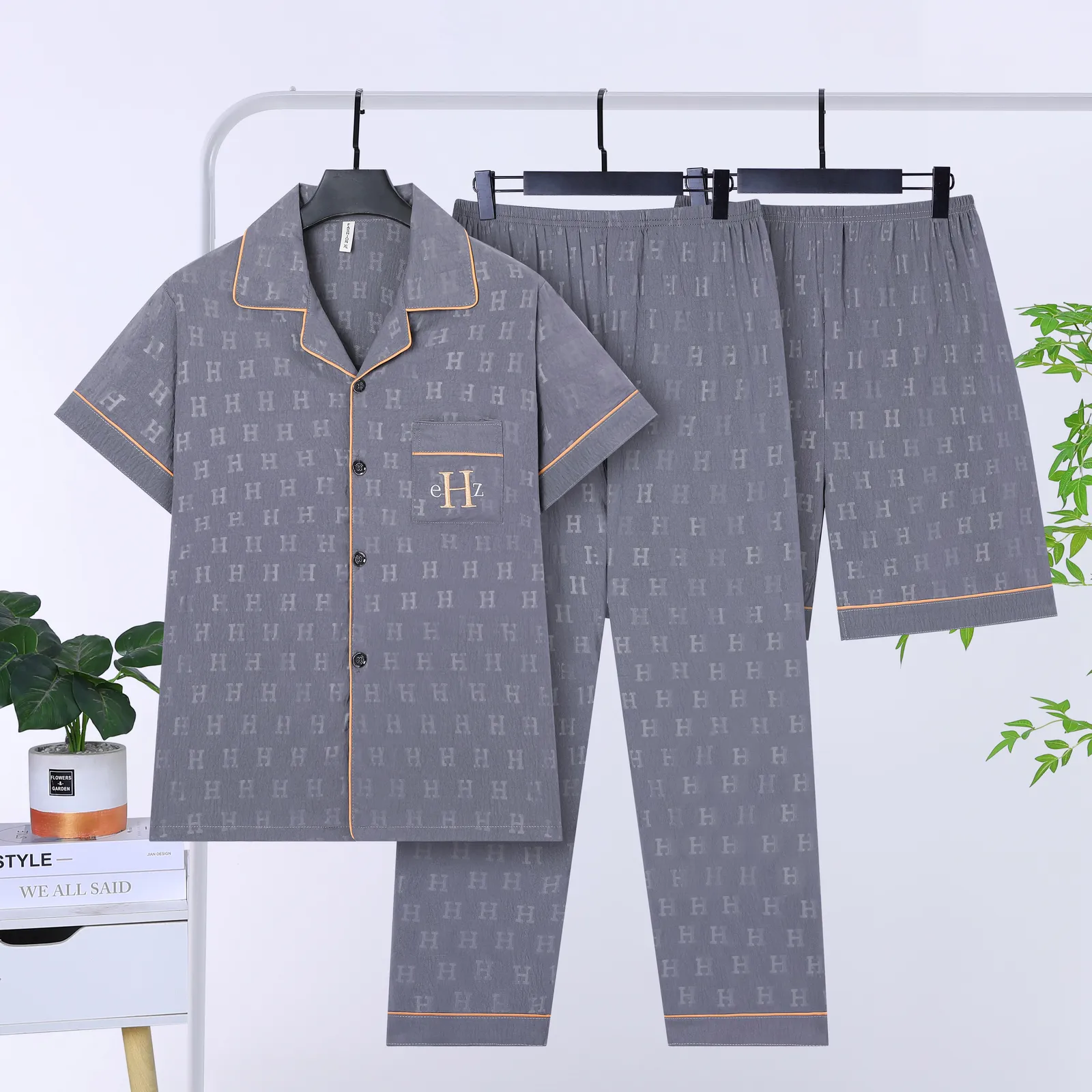 Men's Summer Thin Jacquard Lapel 3-Piece Loungewear Set, Cloud Cotton Breathable Comfortable Cardigan Pajamas · Wholesale · OEM · Worldwide Shipping