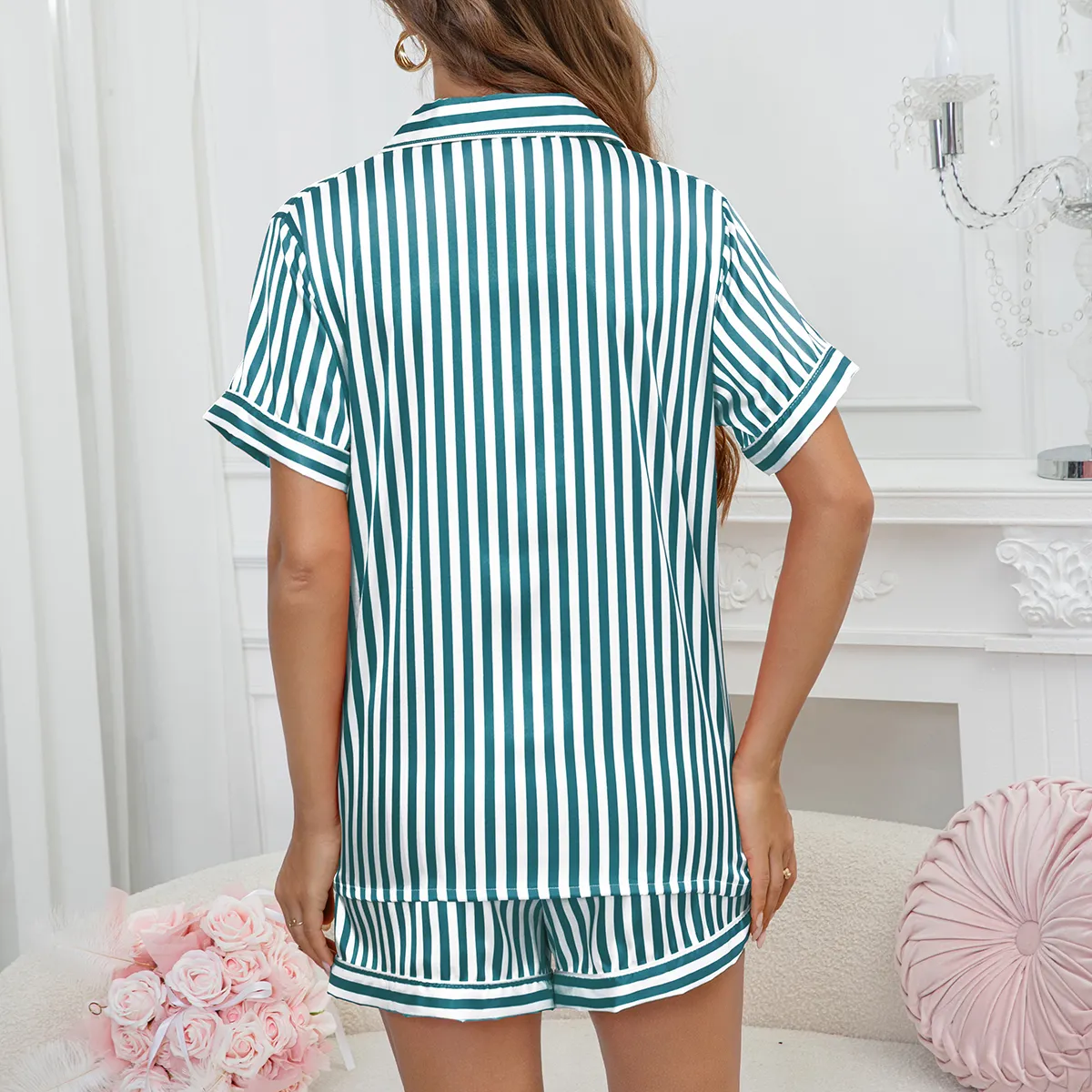 Amazon Factory-Direct Women's Striped Cardigan Pajama Set with Lapel Collar, Short Sleeve Top and Shorts, Europe & US Loungewear · Wholesale · OEM · Worldwide Shipping - View 1