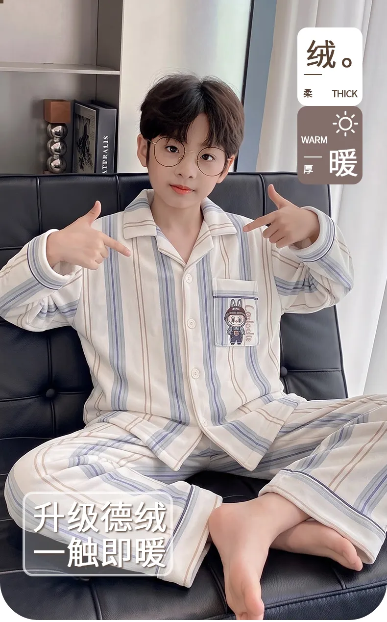New Winter Kids Pajama Set for Boys, Dralon Fleece Long Sleeve Loungewear for Teens and Older Children · Wholesale · OEM · Worldwide Shipping - Detail 1