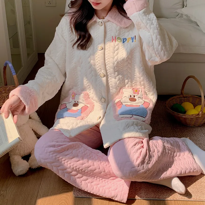 454D# Winter New Pajamas Women Thickened Air Layer Mid-Length Sweet Girl Homewear Set · Wholesale · OEM · Worldwide Shipping - View 4