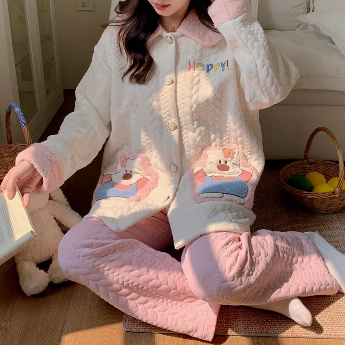 454D# Winter New Pajamas Women Thickened Air Layer Mid-Length Sweet Girl Homewear Set · Wholesale · OEM · Worldwide Shipping - Detail 1