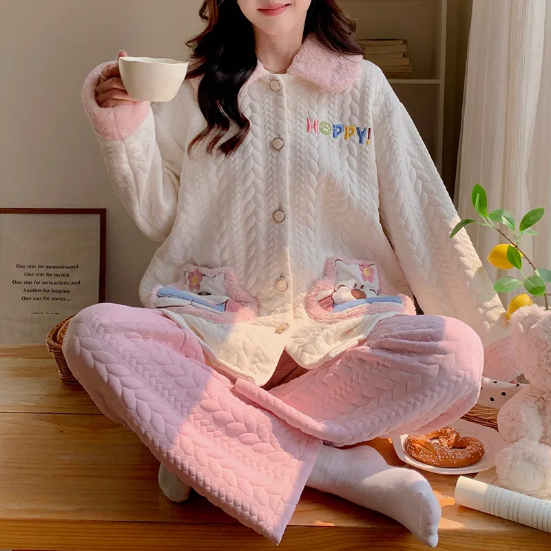 454D# Winter New Pajamas Women Thickened Air Layer Mid-Length Sweet Girl Homewear Set · Wholesale · OEM · Worldwide Shipping - View 3