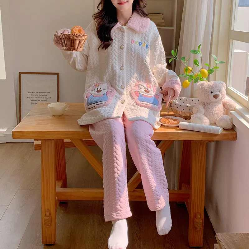454D# Winter New Pajamas Women Thickened Air Layer Mid-Length Sweet Girl Homewear Set · Wholesale · OEM · Worldwide Shipping - View 2