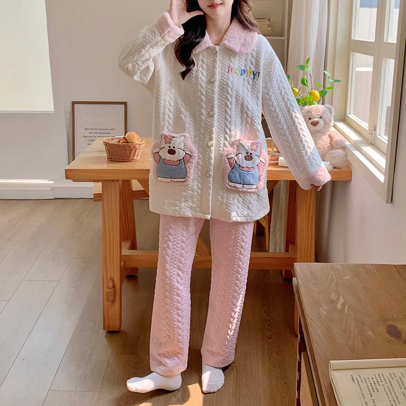454D# Winter New Pajamas Women Thickened Air Layer Mid-Length Sweet Girl Homewear Set · Wholesale · OEM · Worldwide Shipping - View 1