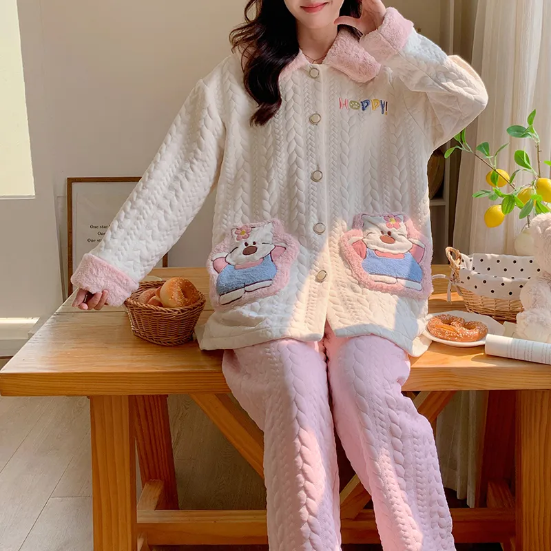 454D# Winter New Pajamas Women Thickened Air Layer Mid-Length Sweet Girl Homewear Set · Wholesale · OEM · Worldwide Shipping