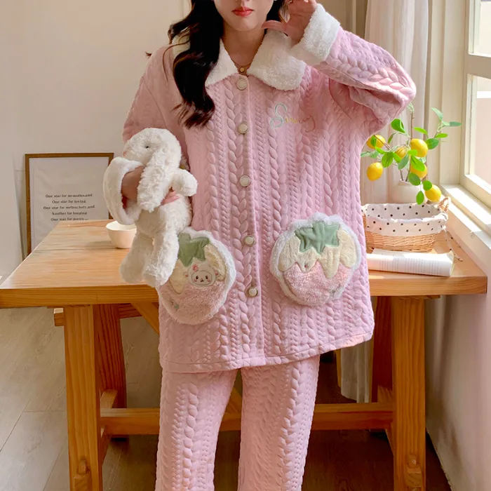 454D# Winter New Pajamas Women Thickened Air Layer Mid-Length Sweet Girl Homewear Set · Wholesale · OEM · Worldwide Shipping - Detail 4