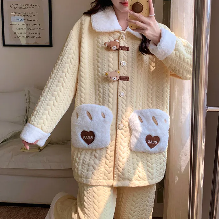 454D# Winter New Pajamas Women Thickened Air Layer Mid-Length Sweet Girl Homewear Set · Wholesale · OEM · Worldwide Shipping - Detail 3