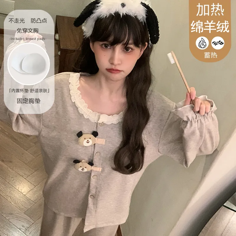 Winter New Pajamas Women 300g Ultra-Soft Sheep Velvet Cardigan Long Sleeve Long Pants Fixed Chest Pad Homewear Set · Wholesale · OEM · Worldwide Shipping - View 1