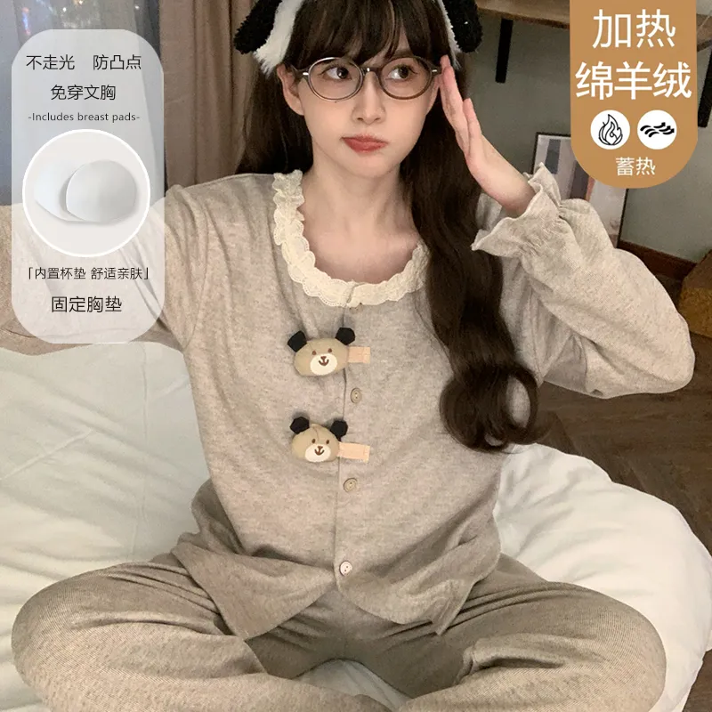 Winter New Pajamas Women 300g Ultra-Soft Sheep Velvet Cardigan Long Sleeve Long Pants Fixed Chest Pad Homewear Set · Wholesale · OEM · Worldwide Shipping