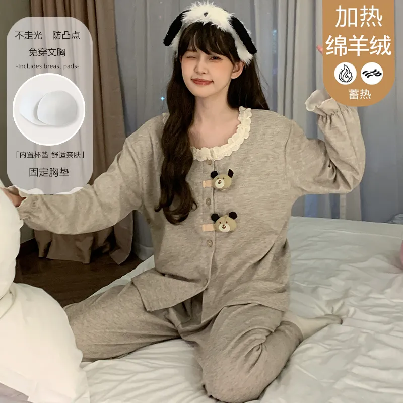 Winter New Pajamas Women 300g Ultra-Soft Sheep Velvet Cardigan Long Sleeve Long Pants Fixed Chest Pad Homewear Set · Wholesale · OEM · Worldwide Shipping - View 3