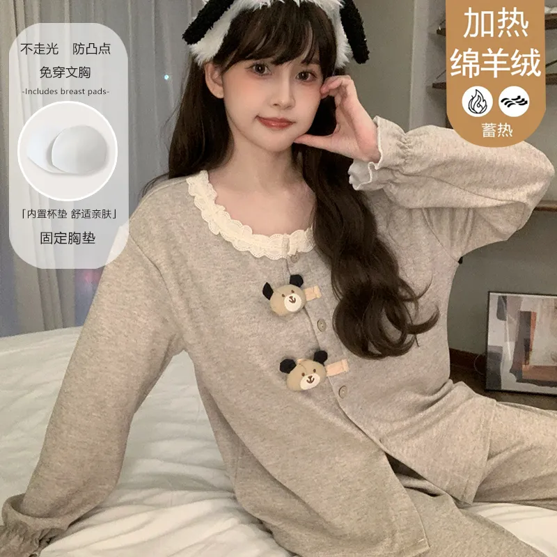 Winter New Pajamas Women 300g Ultra-Soft Sheep Velvet Cardigan Long Sleeve Long Pants Fixed Chest Pad Homewear Set · Wholesale · OEM · Worldwide Shipping - View 4
