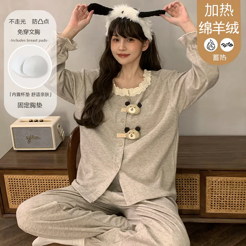 Winter New Pajamas Women 300g Ultra-Soft Sheep Velvet Cardigan Long Sleeve Long Pants Fixed Chest Pad Homewear Set · Wholesale · OEM · Worldwide Shipping - View 2