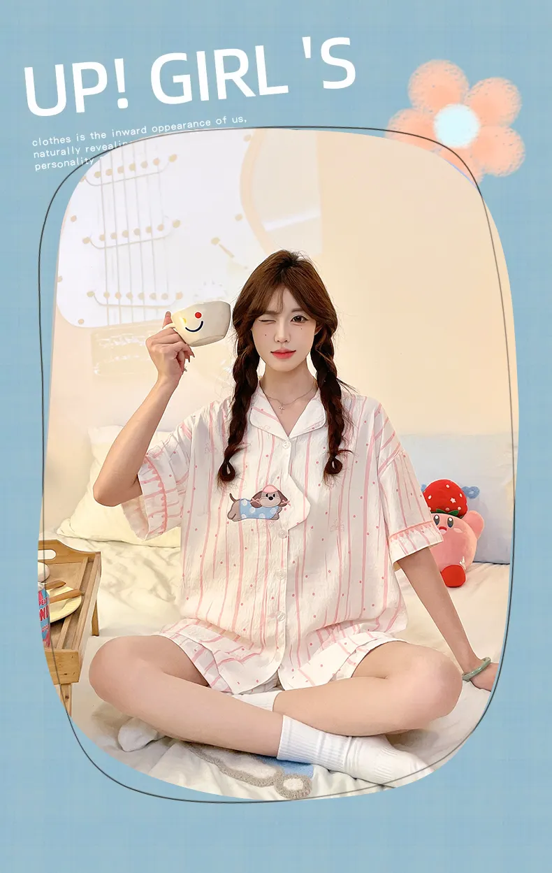 4808Q# Summer New Pajamas Women Woven Cloud Cotton Short Sleeve Cardigan Cartoon Lapel Three-Piece Set · Wholesale · OEM · Worldwide Shipping - Detail 10