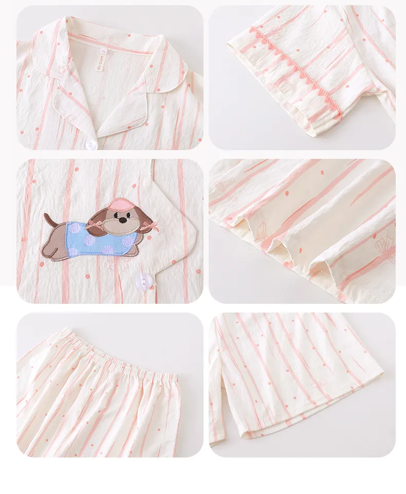 4808Q# Summer New Pajamas Women Woven Cloud Cotton Short Sleeve Cardigan Cartoon Lapel Three-Piece Set · Wholesale · OEM · Worldwide Shipping - Detail 4