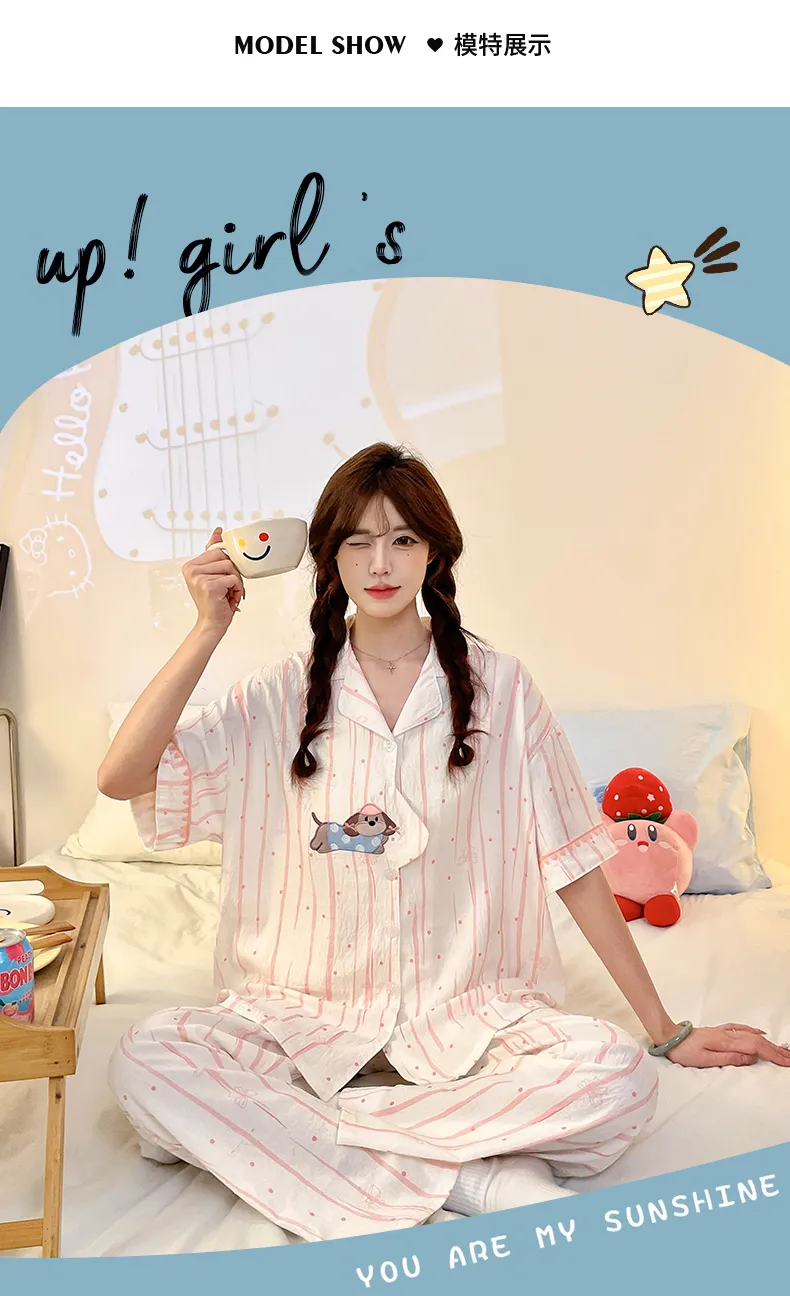 4808Q# Summer New Pajamas Women Woven Cloud Cotton Short Sleeve Cardigan Cartoon Lapel Three-Piece Set · Wholesale · OEM · Worldwide Shipping - Detail 6