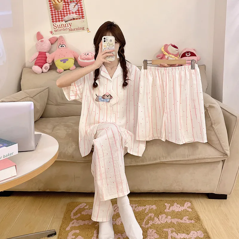 4808Q# Summer New Pajamas Women Woven Cloud Cotton Short Sleeve Cardigan Cartoon Lapel Three-Piece Set · Wholesale · OEM · Worldwide Shipping - View 2