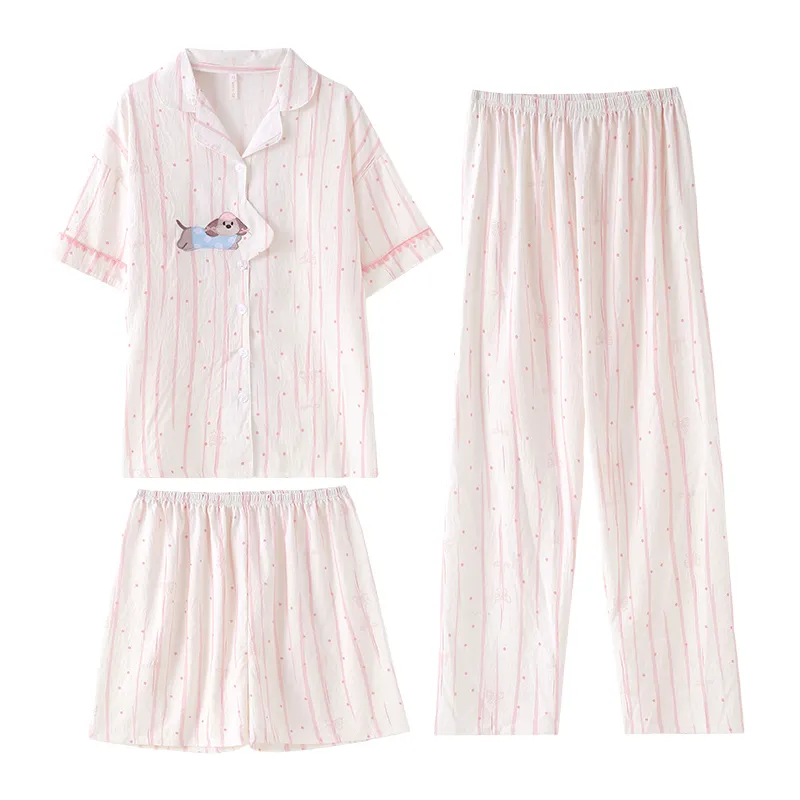 4808Q# Summer New Pajamas Women Woven Cloud Cotton Short Sleeve Cardigan Cartoon Lapel Three-Piece Set · Wholesale · OEM · Worldwide Shipping - View 4