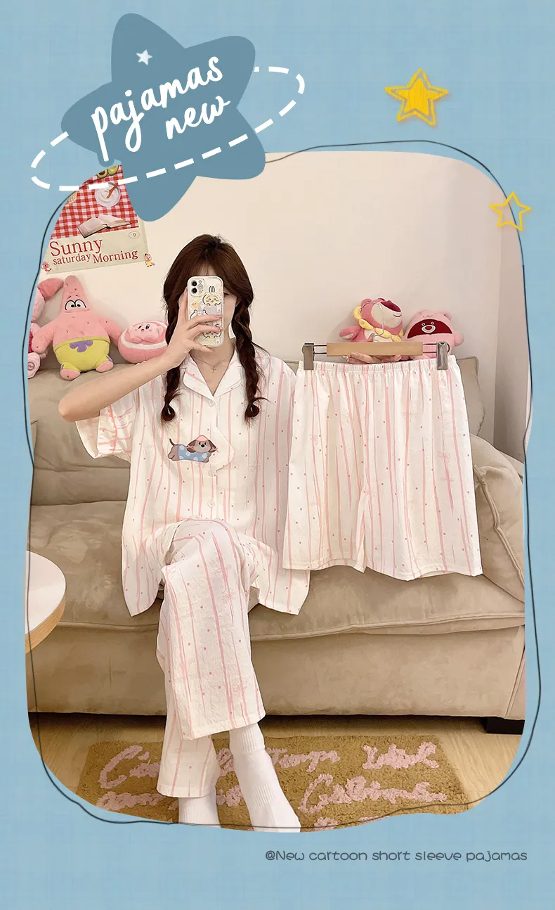 4808Q# Summer New Pajamas Women Woven Cloud Cotton Short Sleeve Cardigan Cartoon Lapel Three-Piece Set · Wholesale · OEM · Worldwide Shipping - Detail 1