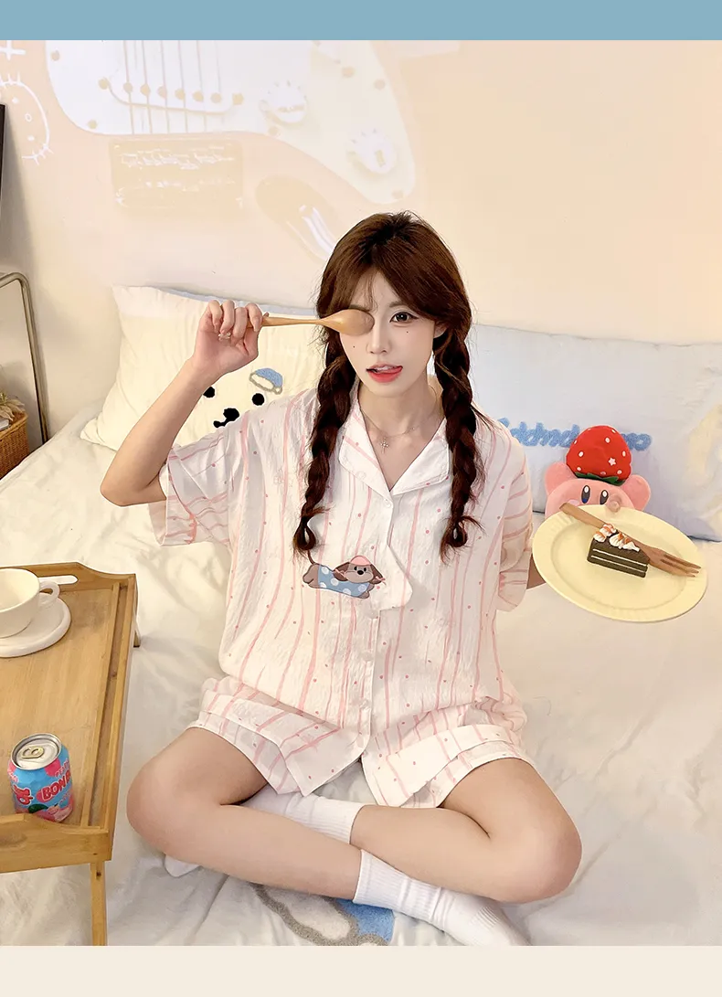 4808Q# Summer New Pajamas Women Woven Cloud Cotton Short Sleeve Cardigan Cartoon Lapel Three-Piece Set · Wholesale · OEM · Worldwide Shipping - Detail 7