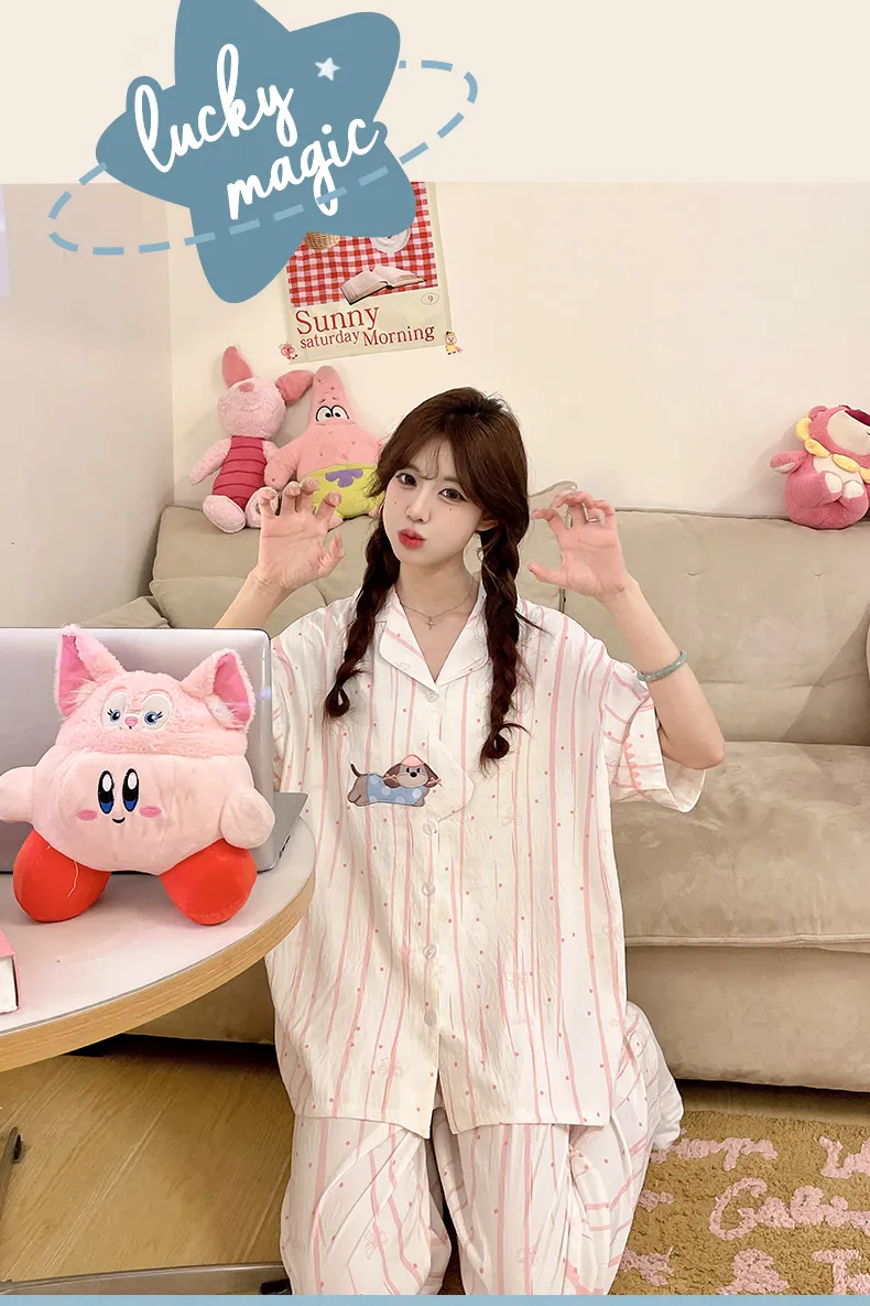 4808Q# Summer New Pajamas Women Woven Cloud Cotton Short Sleeve Cardigan Cartoon Lapel Three-Piece Set · Wholesale · OEM · Worldwide Shipping - Detail 9