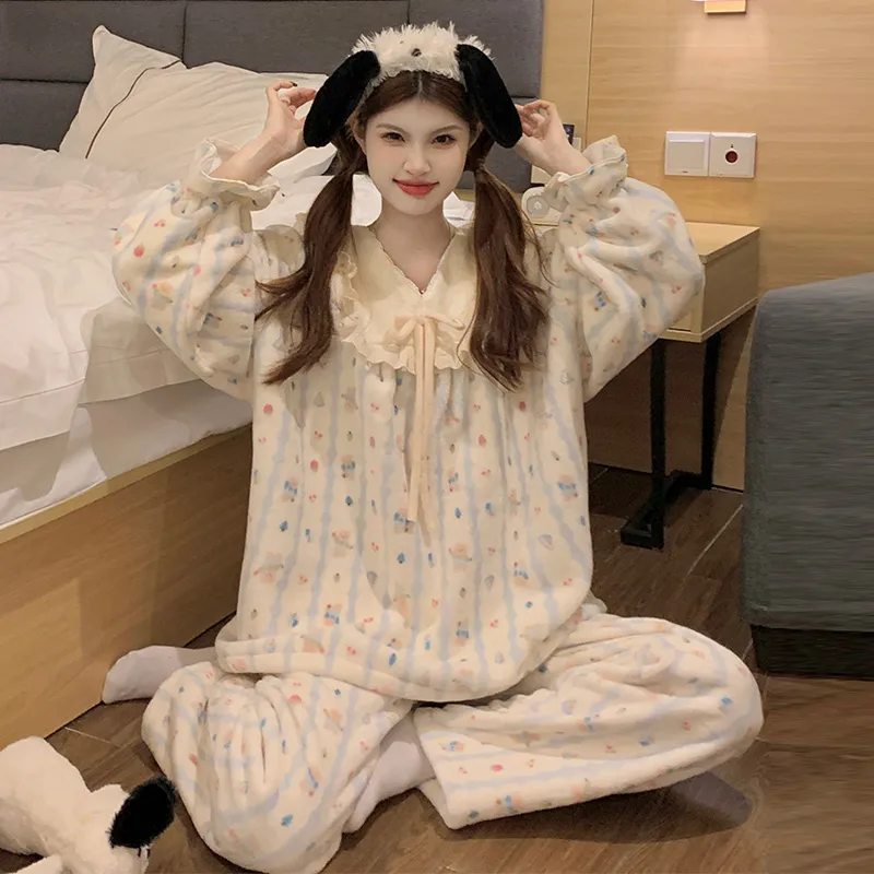 Coral Fleece Pajamas Women Autumn Winter 2026 New Flannel Thickened Warm Loungewear Sweet Princess Style Set · Wholesale · OEM · Worldwide Shipping - View 1