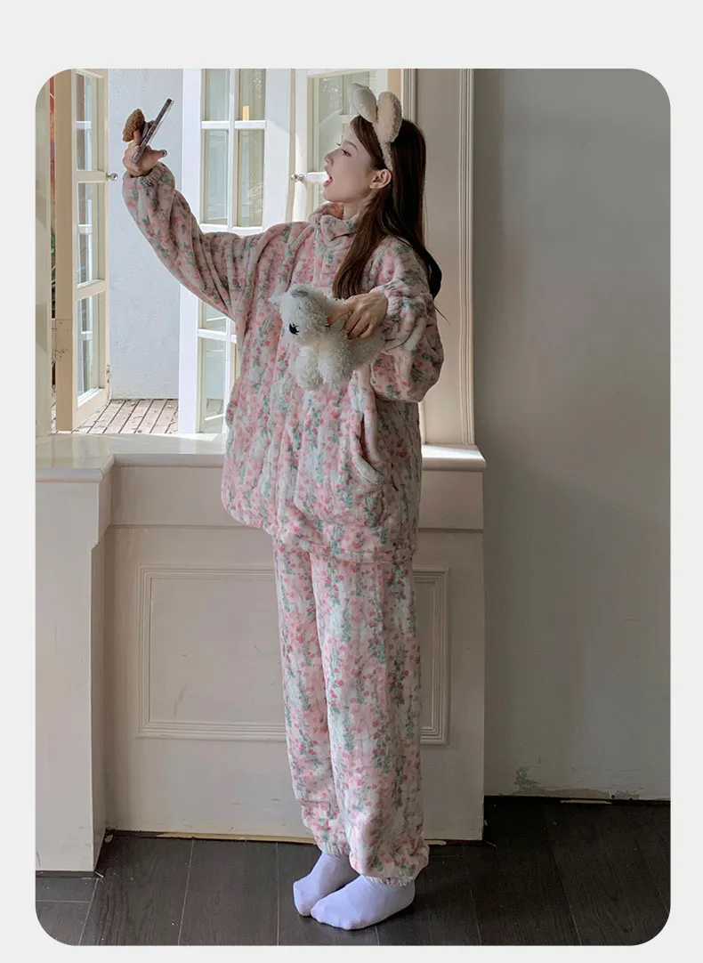 Pyjama femme en polaire corail, automne-hiver, épais et chaud, nouveau modèle 2026, ensemble de maison en flanelle doux et mignon · Grossiste · OEM · Mondial - Detail 17