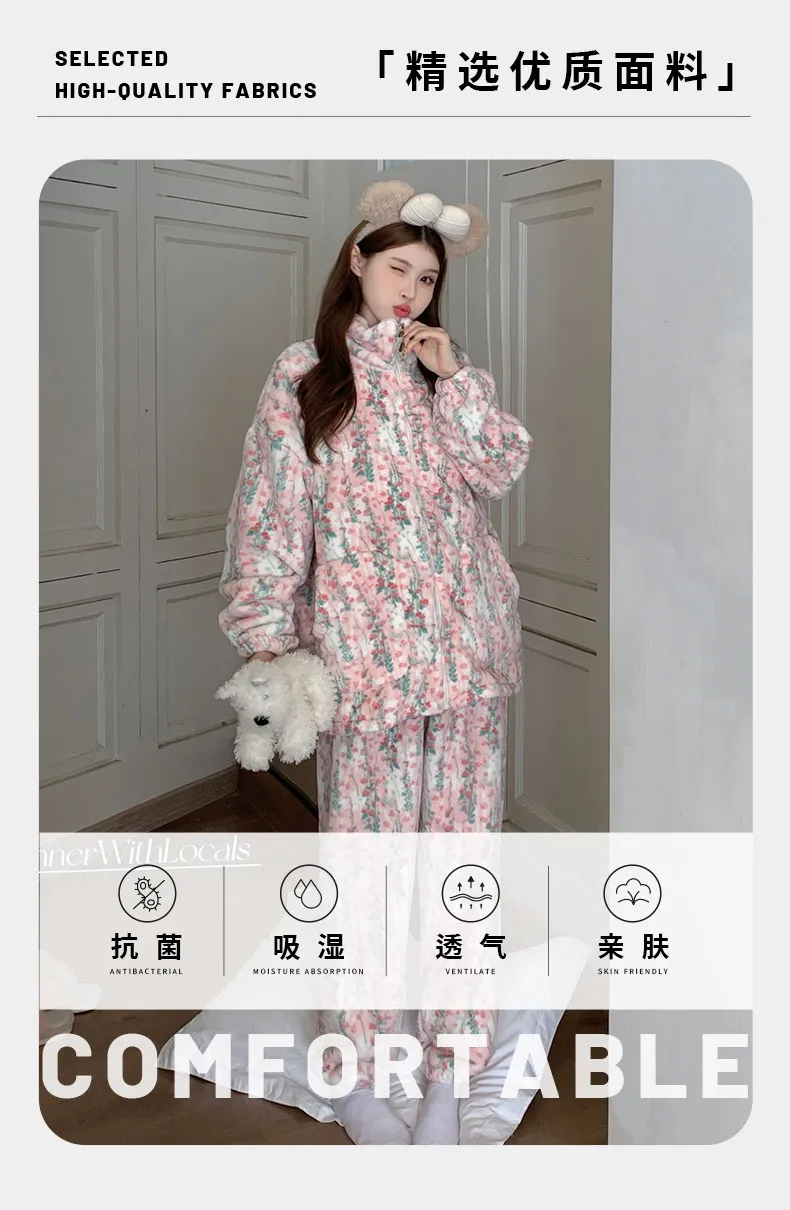 Pyjama femme en polaire corail, automne-hiver, épais et chaud, nouveau modèle 2026, ensemble de maison en flanelle doux et mignon · Grossiste · OEM · Mondial - Detail 13