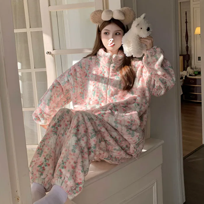Pyjama femme en polaire corail, automne-hiver, épais et chaud, nouveau modèle 2026, ensemble de maison en flanelle doux et mignon · Grossiste · OEM · Mondial - Detail 1