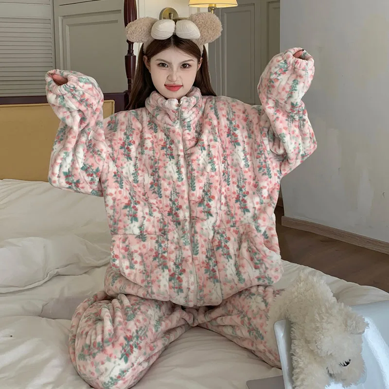 Pyjama femme en polaire corail, automne-hiver, épais et chaud, nouveau modèle 2026, ensemble de maison en flanelle doux et mignon · Grossiste · OEM · Mondial - View 3