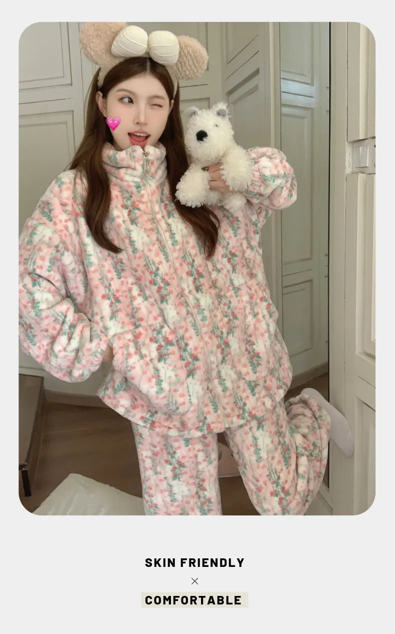 Pyjama femme en polaire corail, automne-hiver, épais et chaud, nouveau modèle 2026, ensemble de maison en flanelle doux et mignon · Grossiste · OEM · Mondial - Detail 15