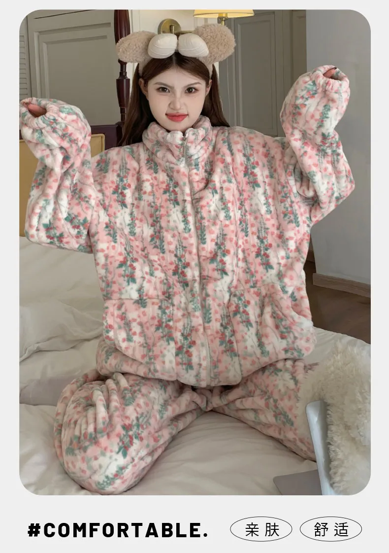 Pyjama femme en polaire corail, automne-hiver, épais et chaud, nouveau modèle 2026, ensemble de maison en flanelle doux et mignon · Grossiste · OEM · Mondial - Detail 16